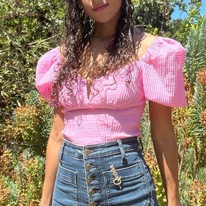 Astr the Label Daydreamer Seersucker Sweetheart Puff Sleeve Top XS Pink